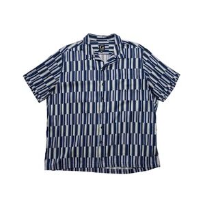 Grafton Shirt Mens XL Blue Geometric Stripe Camp Collar Retro Short Sleeve